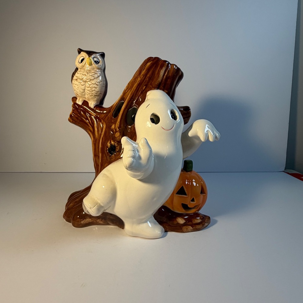 Vintage Heartline Halloween Ghost Owl Pumpkin Tree Ceramic Luminary 4103 Taiwan